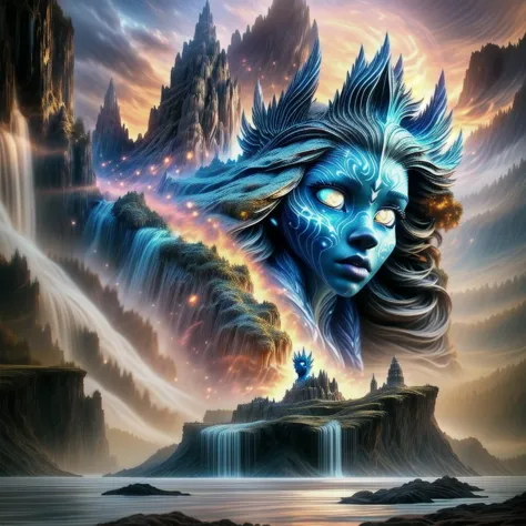 Magical floating islands ,giant goddess watching over earth,1girl, solo, blue eyes, outdoors, sky, cloud, water, armor, glowing, colored skin, cloudy sky, staff, glowing eyes, rock, mountain, blue skin <lora:3D_Inspired:0.8> <lora:add_detail_xl:0.8> <lora:more_details:0.8> <lora:ral-mytfrst-sdxl:0.8> ral-mytfrst,<lora:wrenchsfantasy:0.8> wrenchsfantasy, fantasy, glowing, glowing eyes, fantasy landscape, floating islands, falling waterfalls, <lora:Particles_Style_SDXL:0.8> ais-particlez <lora:LORA-XenoDetailer-v3:1> <lora:guardian:0.8> guardian