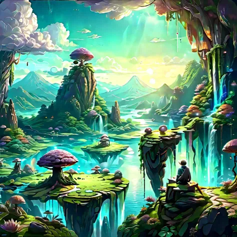 (masterpiece, best_quality, ultra-detailed, immaculate:1.3), epic, illustration, Magical floating islands with giant Guardian mega-physique Pepe frog watching over earth,1girl, solo, outdoors, sky, cloud, water, armor, glowing, colored skin, cloudy sky, staff, glowing eyes, rock, mountain, blue skin <lora:ral-mytfrst-sdxl:0.8> ral-mytfrst , fantasy, glowing, glowing eyes, fantasy landscape, floating islands, falling waterfalls,   <lora:guardian:0.9> guardian spirit  <lora:ponydiffusionv6_pepethefrog:1>