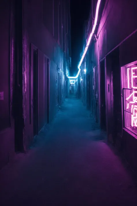 purple neon lights shine brightly in a narrow alleyway in a city