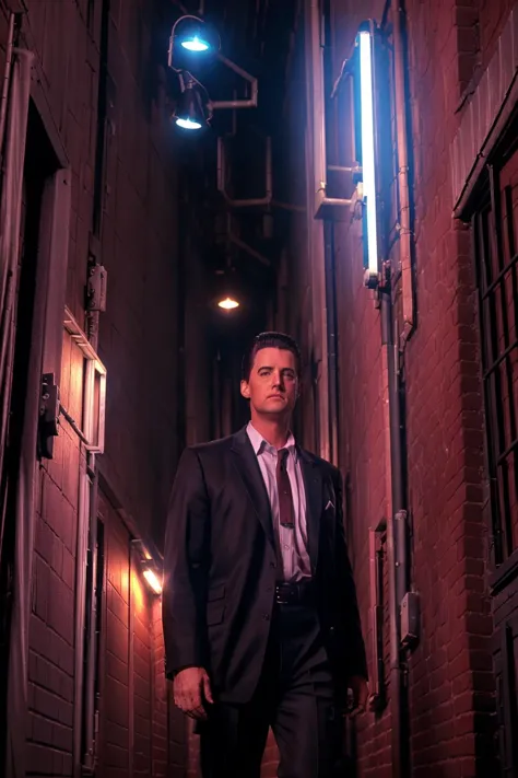 dalecooper walking through an alley at night, <lora:dalecooper:1>, <lora:neons_v1.1:1>