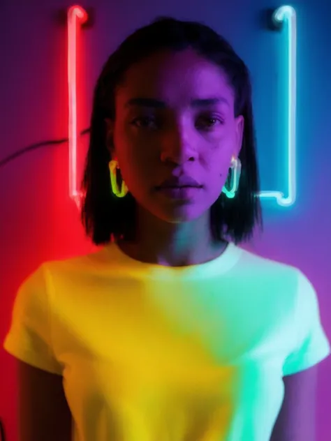 a woman in a neon neon shirt standing in front of a neon sign