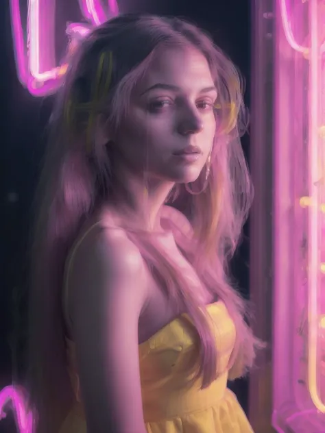 <lyco:neons_v1.2:1.0> pink neons, portrait of a woman posing in a yellow dress, long black hairs, sharp, vivid, realistic