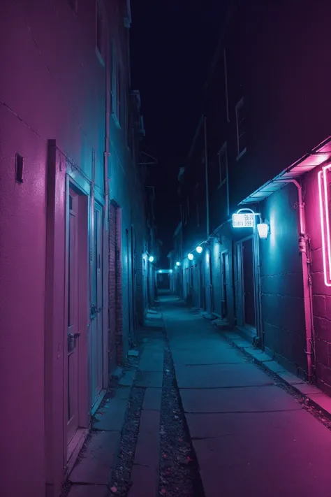 a dimly lit alleyway with neon signs and buildings in the background