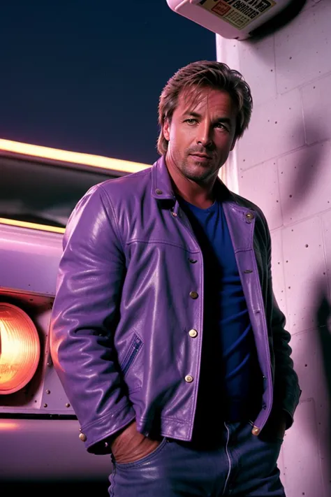 arafed man in purple leather jacket standing next to a purple car