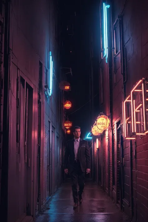 dalecooper walking through an alley at night, <lora:dalecooper:1>, gloomy neon spotlights, <lora:neons_v1.1:1>