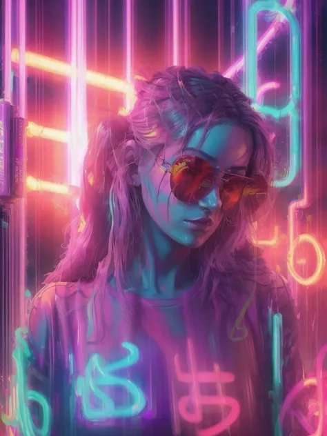 a woman with sunglasses and neon lights in front of a neon sign