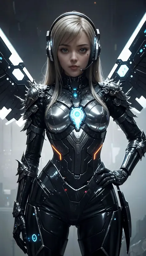 a woman in a futuristic suit with wings and headphones