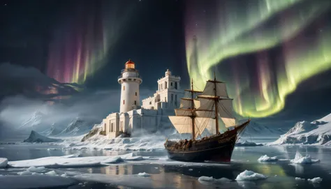 arafed ship in the water with aurora lights in the sky