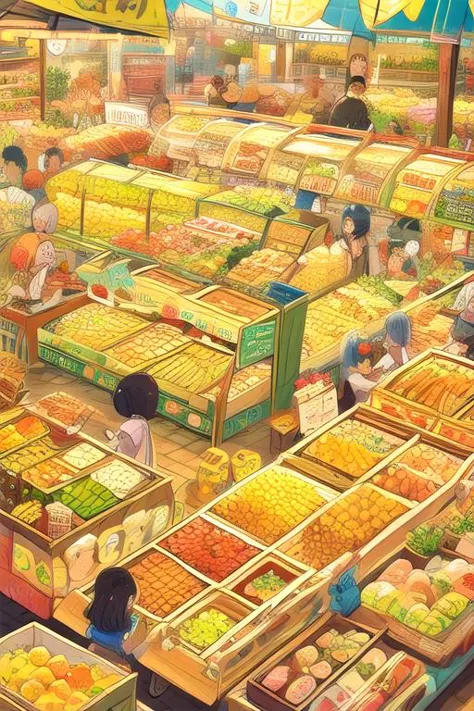 A food market with many products, people queuing up for food to come out, hand drawn style, children's illustrations, flat illustrations, masterpiece, best quality