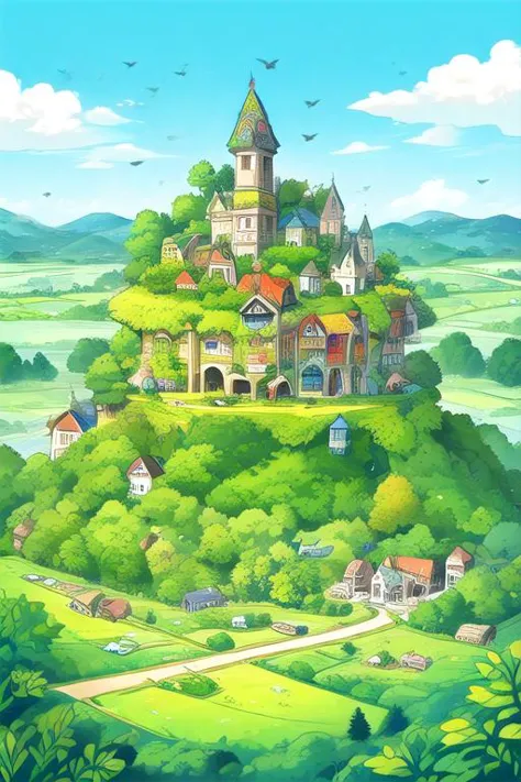 An illustration of a sustainable future village, with green forests and meadows. There is no garbage. The illustration is of a modern and minimalist style, with very vibrant and saturated colors, masterpiece, best quality,