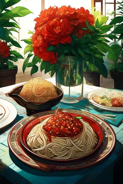 Chinese cuisine, Tossed Clear Noodles with Chili Sauce, sichuan style, An artistically delicate arrangement, lace tablecloth, green plants.design sense, artistry, Ultra-high resolution, Ultra hd picture, Contrast composition, Grid-based ray tracing, Contrast, light and shadow contrast, masterpiece, best quality