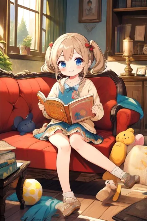 (masterpiece), (best quality), (extremely detailed), photorealistic, (1girl), solo, looking at viewer, smile, slender, evenly sized eyes, extremely detailed eyes, ((A child, small cute plush ball errings, pigtails, jumper skirt, A charming smile, reading picture-story book)), full body, indoors, living room, couch, extremely detailed wallpaper, (parfect detail features), 8k, UHD,