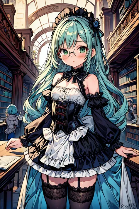 (masterpiece, best quality), 1girl, small breasts, small hips, green eyes, blue hair, black corset, lace skirt, garter belt, bla...