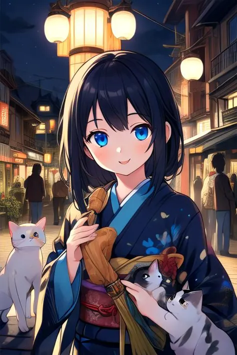 (masterpiece), (best quality), photorealistic, (extremely detailed), solo, (1 girls), (pretty cute Japanese girl), looking at viewer, smile, slender, extremely detailed eyes, playing together cats, bluewish, in the night city street, upper body, extremely detailed wallpaper, (parfect features), 8k, UHD,