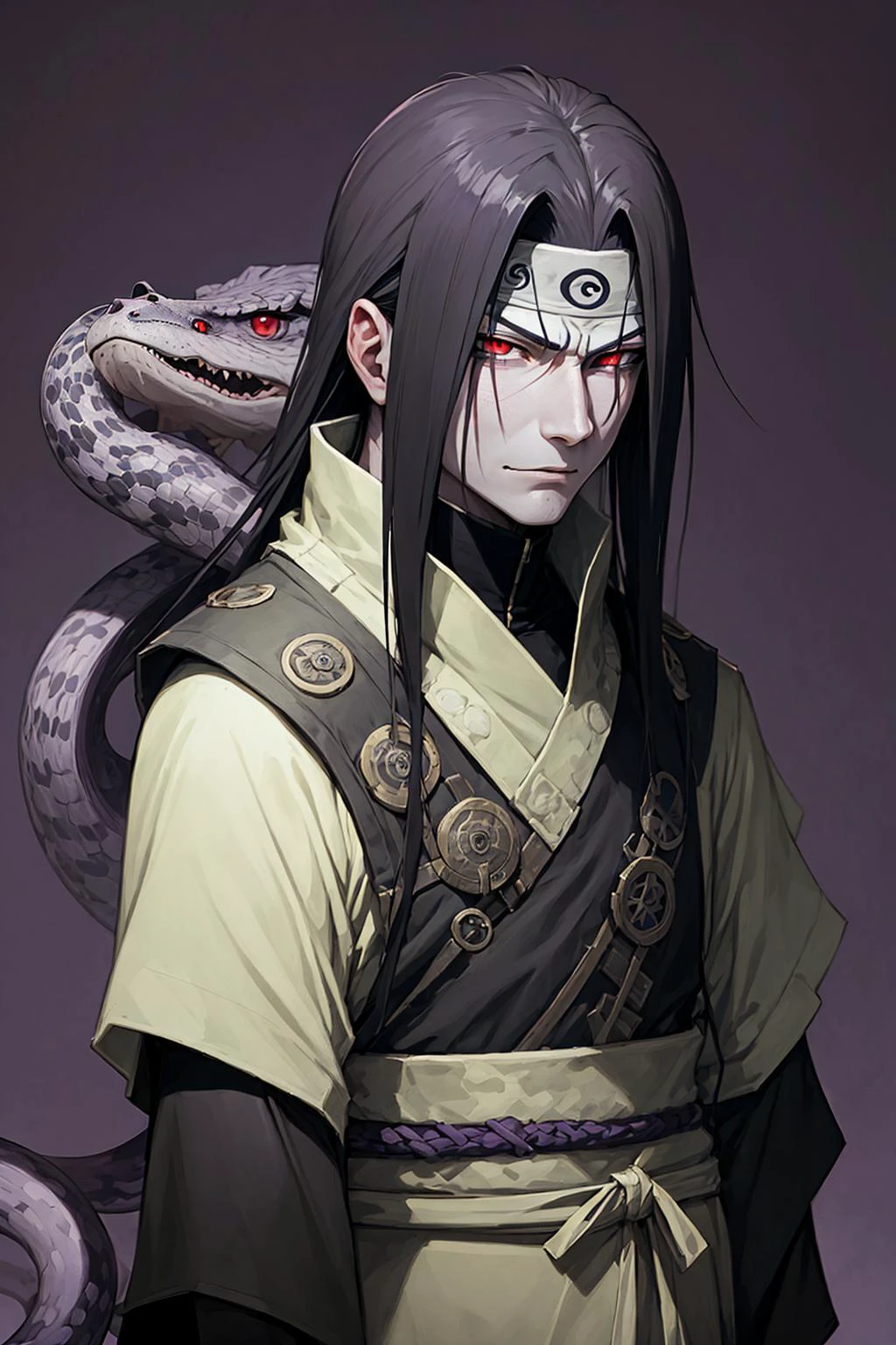 orochimaru, 1boy, red eyes, male focus, solo, snake, pale skin, simple background, purple background, upper body, looking at viewer, forehead protector, headband, shirt, robe