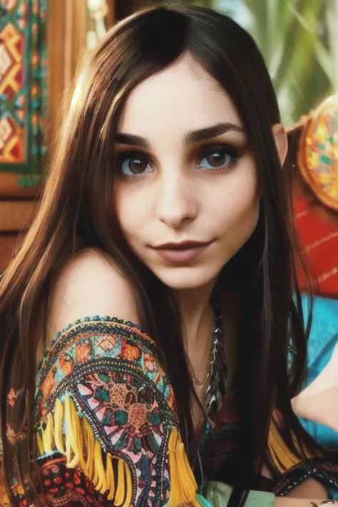 a close up of a woman with long hair and a colorful shirt