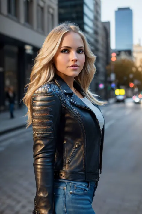 photo of S116_EmilieNereng, a beautiful woman, in the (city:1.1), wearing a (leather-jacket:1.1) and (jeans), (8k, RAW photo, be...