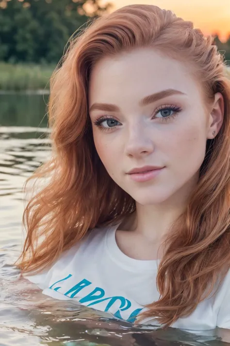 closeup headshot of S147_JuliaAdamenko, a beautiful woman, in a (pond:1.2), wearing a (t-shirt:1.2), (sunset:1.1), (8k, RAW photo, best quality, depth of field, ultra high res:1.2), (absurdres, intricate, photorealistic, masterpiece, ultra-detailed:1.3)