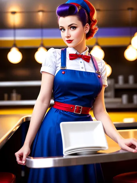 Detailed vintage diner with waitress serving customers, random hair style, blue red and purple theme, 1950s dress, detailed face, professional lighting, busy background, ((realistic)), camera blurr, sharp focus