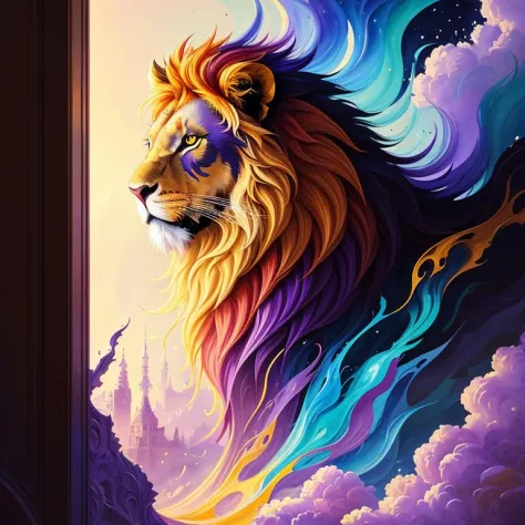 lion anime extrêmement stressé, boire du café dans un bâtiment en feu en arrière-plan, bordure de carte à jouer magistrale, Art coloré aléatoire, peinture à l&#39;huile, couleurs bleu jaune, ajouts de violet clair et violet, ajouts rouge clair, détail complexe, écran de démarrage, Résolution 8k, chef-d&#39;œuvre, peinture numérique artstation fluide flux d&#39;encre très noir: Résolution 8k photorealistic chef-d&#39;œuvre: peinture à la gouache fluide finement détaillée: par Jean-Baptiste Mongue: Calligraphie: acrylique: Aquarelle, photographie professionnelle, éclairage naturel, éclairage volumétrique Photoillustration maximaliste: par Marton Bobzert:, Complexe, élégant, expansif, Fantastique,  vibrant