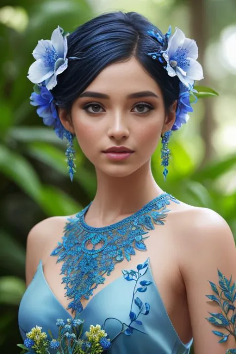 fashion photography portrait of blue human avatar, in blue lush jungle with flowers and birds, 3d render, cgi, symetrical, octan...