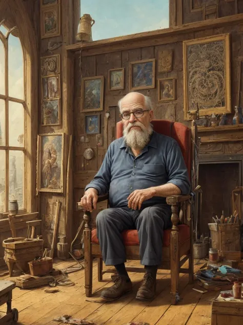 oldman in chair, complex stuff around, intricate in the background, art, close up, painting, detailed, cartoon, cinematic shot, ...
