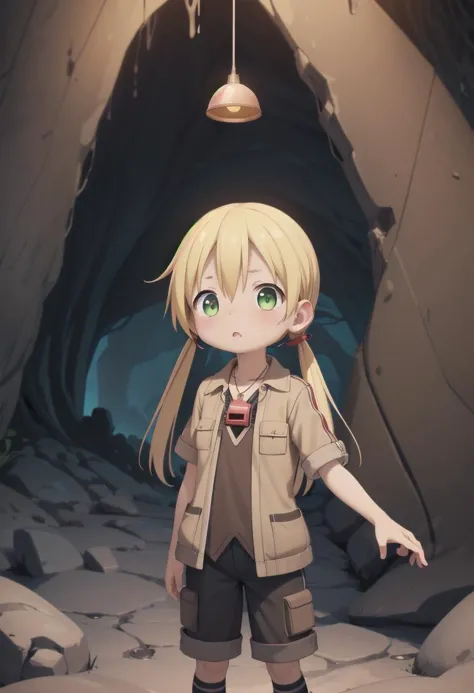 <lora:rikosd-000016:0.7> 
one 12-year-old girl, riko, she has blonde hair. Her eyes are green with, twin tails, black shirt, short pants,
 she is wearing a brown short-sleeved jacket, (red whistle:1.2) as a pendant, 
standing in a cave,
draw it in the style of made in abyss,
 The soft lighting and detailed surroundings create an immersive environment where imagination runs wild high quality visuals, dim Lighting, sharply focused, octane render, 8k UHD