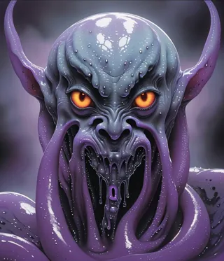 Scary creature, Glowing eyes, scary, gross, glistening wet skin, large alien creature, tentacles dripping with slime, elongated head with black and purple skin detail, high resolution, ultra quality, a masterpiece, slime, ooze, hyper-detailed, cinematic sh...