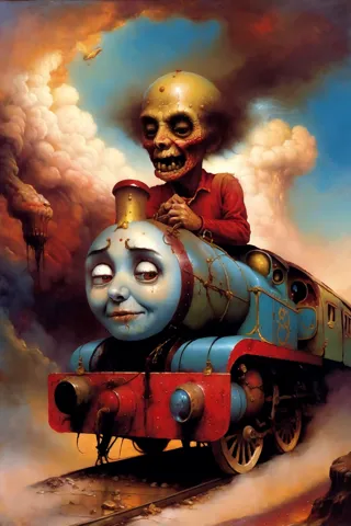 fantasy illustration, by Ray Caesar, oil painting,((thomas the train)), in hell, beksinski, lowbrow, lowbrow art, 
Negative prompt: popskull_neg_v5, (cutout, sharp lines, fine-liner, HDR, contrasted, 3d render, bad composition, bad Anatomy, morphing, )
Ste...