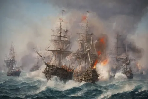 pirate ship, ocean, high seas, weather, epic sea battle, gun smoke, fog of war, ultra-detailed, highly-realistic, burning ships
<lora:Age_Of_Sail_Battle_Painting:0.6>