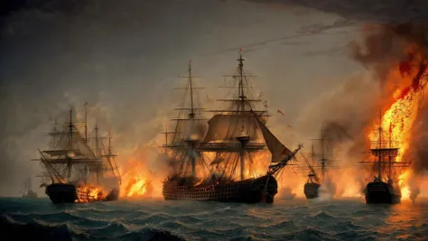 pirate ship, ocean, high seas, weather, epic sea battle, gun smoke, fog of war, ultra-detailed, highly-realistic, burning ships, blood in the sky, the sea on fire
<lora:Age_Of_Sail_Battle_Painting:0.6>, intricate details, hyperdetailed, cinematic, realisti...