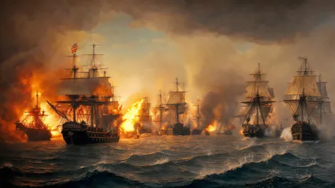 pirate ship, ocean, high seas, weather, epic sea battle, gun smoke, fog of war, ultra-detailed, highly-realistic, burning ships, blood in the sky, the sea on fire
<lora:Age_Of_Sail_Battle_Painting:0.6>, intricate details, hyperdetailed, cinematic, realisti...