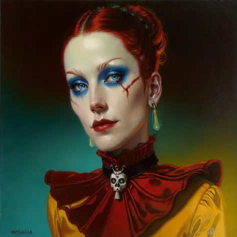((Michael Hussar)), lowbrow, oilpainting, 1girl, burnt sienna,  jewelry, earrings, glowing eyes, blue eyes, scar, lace collar, skull broach,  green and red color palette, black background,