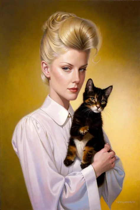 Angela Lansbury's bouffant hairdo, holding a kitten, lowbrow, oilpainting, Troy Brooks