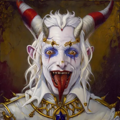 (Michael Hussar, Lowbrow,, oilpainting),1boy, devil jester, horns off screen, star irises, teeth, tongue, pointy ears, detailed textures, white hair
-(<nastymagicvt>:0.6), (<djnegx1>:0.4),
Steps: 20, Sampler: DPM++ 2M Karras, Guidance Scale: 6.5, Seed: 204...