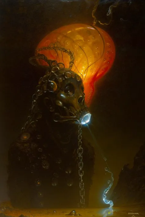 A dark fantasy sci-fi alien painting depicting a bulbous headed organism whose (orifices (spill out:0.8) new lava  particles on chains), H. R. Giger, Dave McKean, Beksiński and Joel Peter-Witkin, polished chrome, inhaling light, jellyfish, plumes of bitcru...