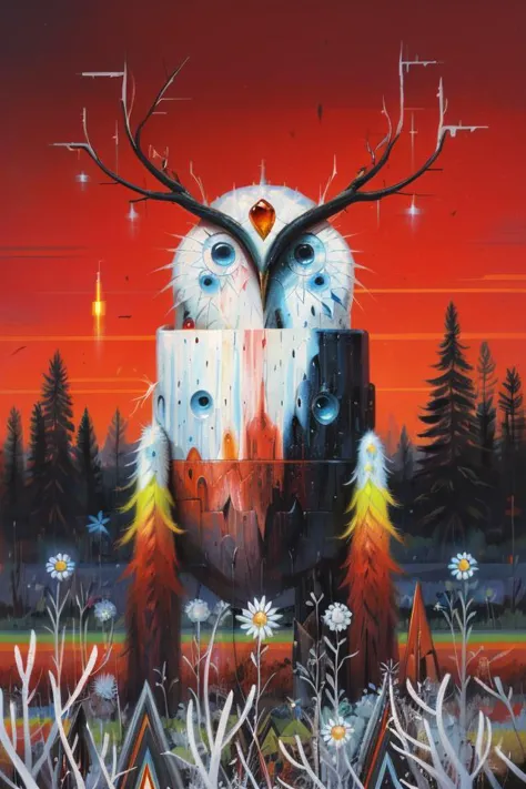 Jeff Soto, lowbrow, oilpainting, static, science fiction, no humans, red sky, surreal, traditional media, owl, antlers, antlers fractal,  blue eyes, hardwood, rainbow layers of compressed wood, retro artstyle, pixel edge repeating, pixel edge repeating, st...