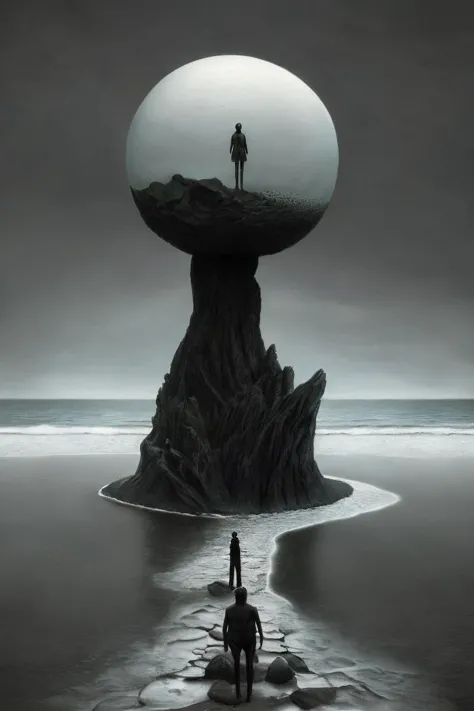 the endless sea of loneliness meeting the shore of solitude, masterpiece, highly detailed, abstract, surreal, strange