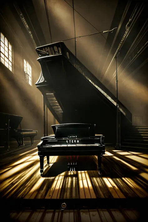 The desperate piano player, big room, central stage with the piano, horror setting, wild light, cinematic, melting keys, imposing piano, dramatic light, scary vibes, vibrant,