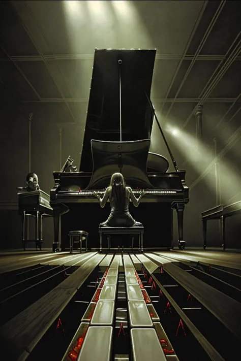 The desperate piano player, big room, central stage with the piano, horror setting, wild light, cinematic, melting keys, imposing piano, dramatic light, scary vibes, vibrant,