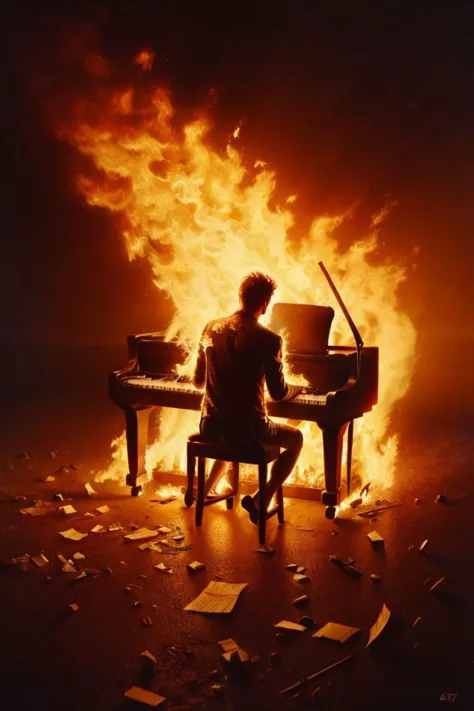Shot from behind, a pianist completely engulfed in flames, with his back to the camera in the middle of a devastated street,lit by fire, playing a piano on fire, a piano burning, pieces of paper burning falling through the air, realistic,
-<popskullnegx>
S...