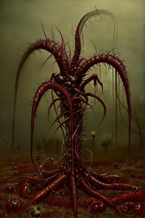 the triffids, mobile and carnivorous plants, stinger, creepy, horror, alive, still live, highly detailed, gloomy, masterpiece,