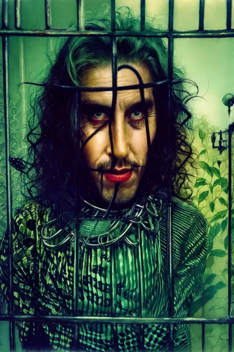 caged rotten nymph, analog photo, surreal mood, bizzare,offbeat,mischievous,whimsical