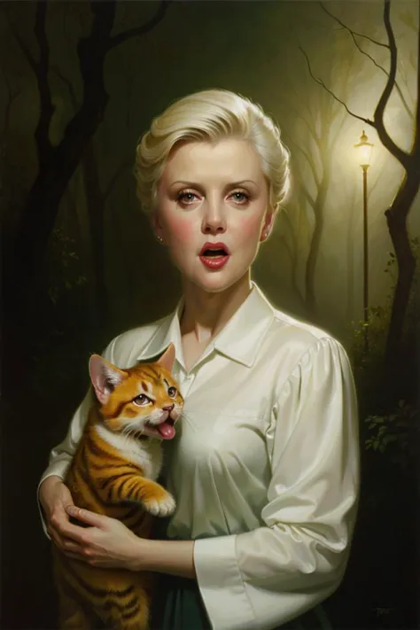 Angela Lansbury, (open mouth, big bottom lip, worried expression), holding a calm kitten, foggy forest, spotlight, lowbrow, oilp...