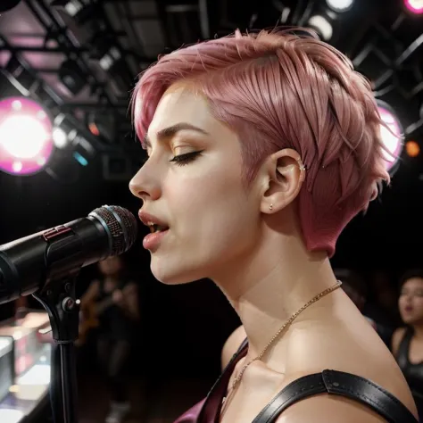 RAW photo, candid, side view, WhitDel singing on stage, eyes closed, short pink hair, punk rock band, microphone, black leather, shot on iPhone 13, nightclub 