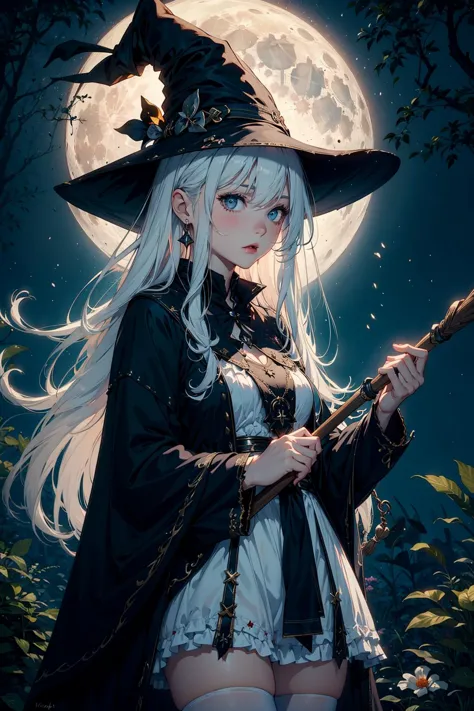 1girl,(Tattered clothes:1.1),long white hair, (white stockings:1.1),white large witch hat,witch costume, Ride broomstick, fantasy,(light:1.3),dark theme,magic,moon,upper body,