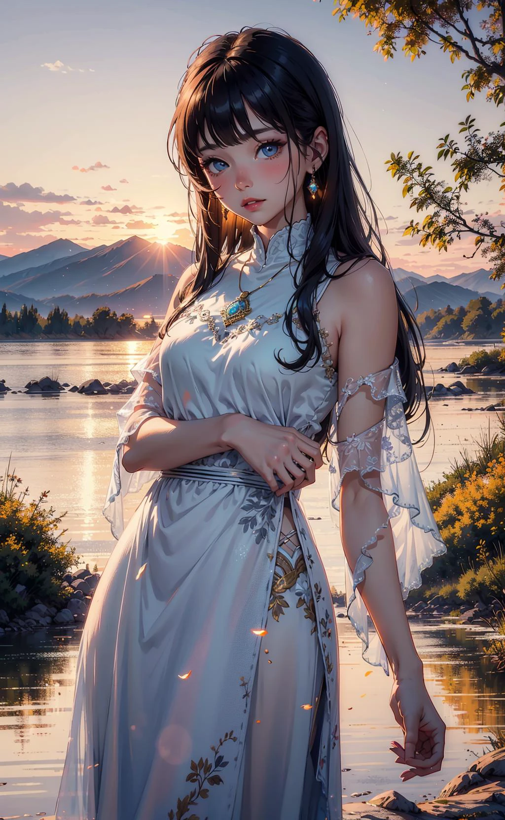 1 girl, serene expression, mesmerizing eyes, straight long hair, flowing dress, poised posture, porcelain skin, subtle blush, crystal pendant
BREAK
golden hour, (rim lighting):1.2, warm tones, sun flare, soft shadows, vibrant colors, painterly effect, dreamy atmosphere
BREAK
scenic lake, distant mountains, willow tree, calm water, reflection, sunlit clouds, peaceful ambiance, idyllic sunset, ultra detailed, official art, unity 8k wallpaper
, zentangle, mandala