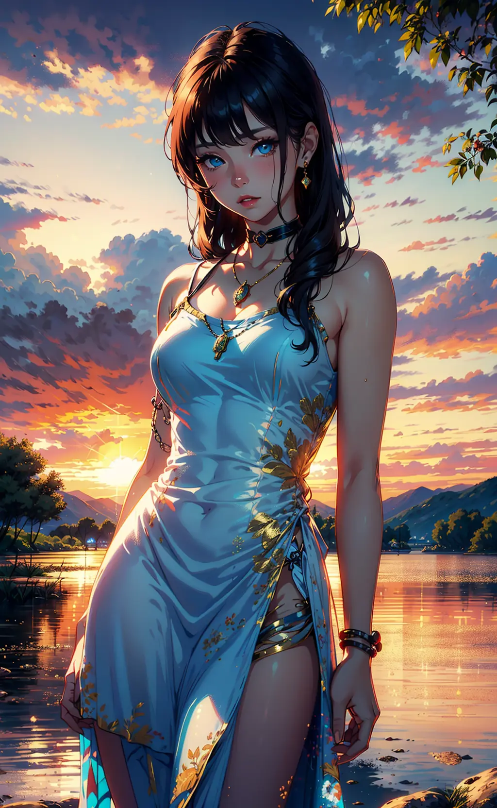 1 girl, serene expression, mesmerizing eyes, straight long hair, flowing dress, poised posture, porcelain skin, subtle blush, crystal pendant
BREAK
golden hour, (rim lighting):1.2, warm tones, sun flare, soft shadows, vibrant colors, painterly effect, dreamy atmosphere
BREAK
scenic lake, distant mountains, willow tree, calm water, reflection, sunlit clouds, peaceful ambiance, idyllic sunset, ultra detailed, official art, unity 8k wallpaper
, zentangle, mandala
