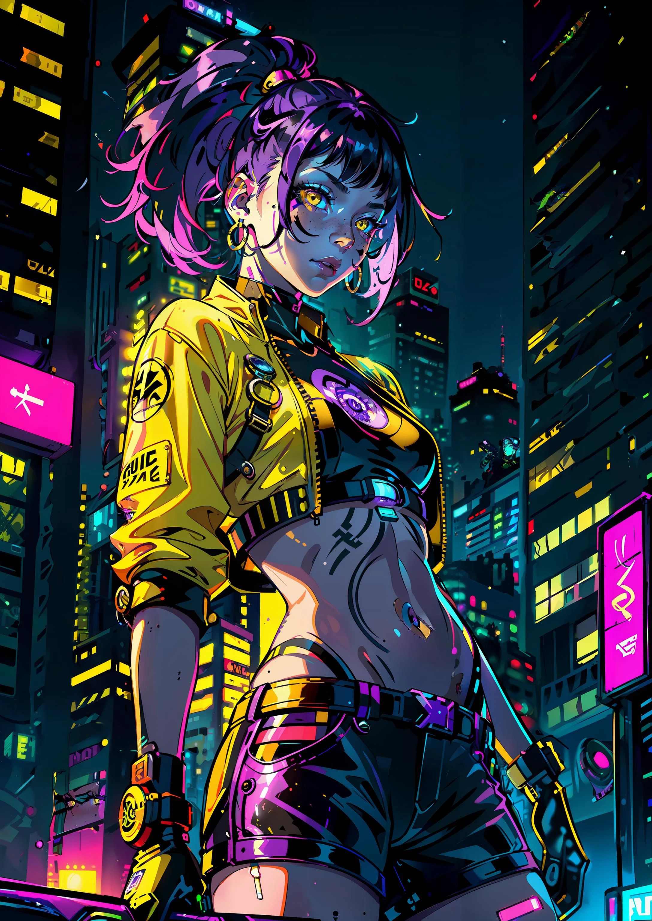 1girl,solo,colorful,yellow eyes,cyberpunk,city,peace sign,earrings,purple hair,eye patche,freckles,prothesis,mechanic,neon,beautiful lighting,purple reflection,cap,smoking,character focus,cg illustration,bust shot,yellow and black outfit,black hair,