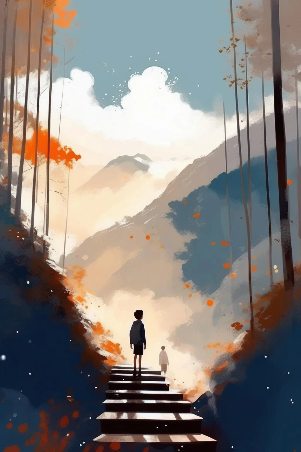 帕斯卡·坎皮恩风格 — 一个男孩站在山上的长楼梯上,树木,天空, 雲